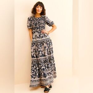 Farm Rio Graphic Floral Maxi Dress Black Ivory puff sleeves Zip back Size L